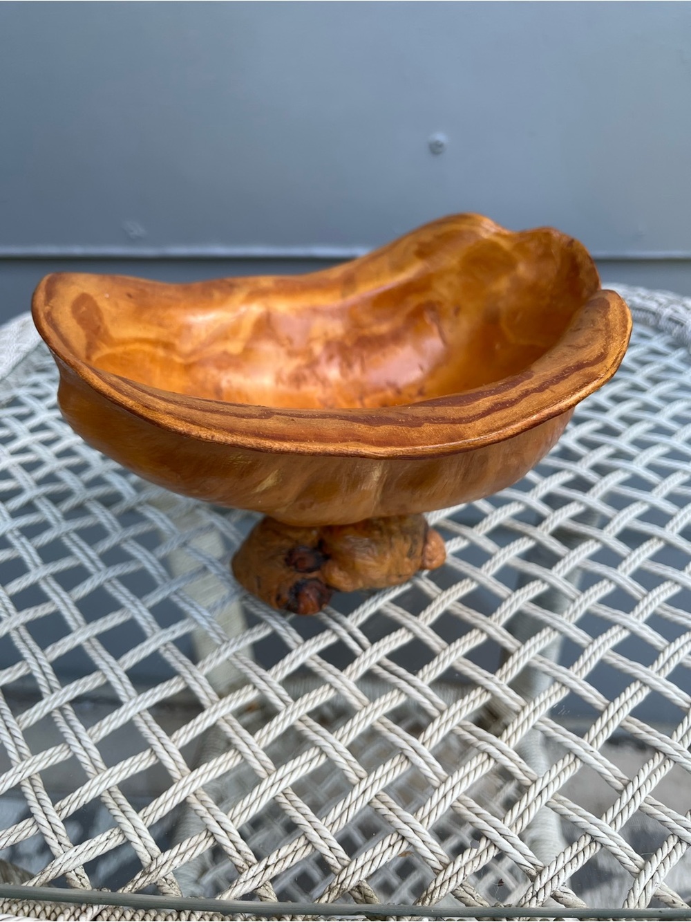 Vtg 1980’s Free Form Burlwood Pedestal Bowl Signed By Artist Approx 8x7 in